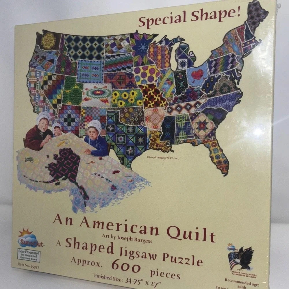An American Quilt Jigsaw Puzzle USA Map‎ Shaped Sunsout 600 Pieces New & Sealed